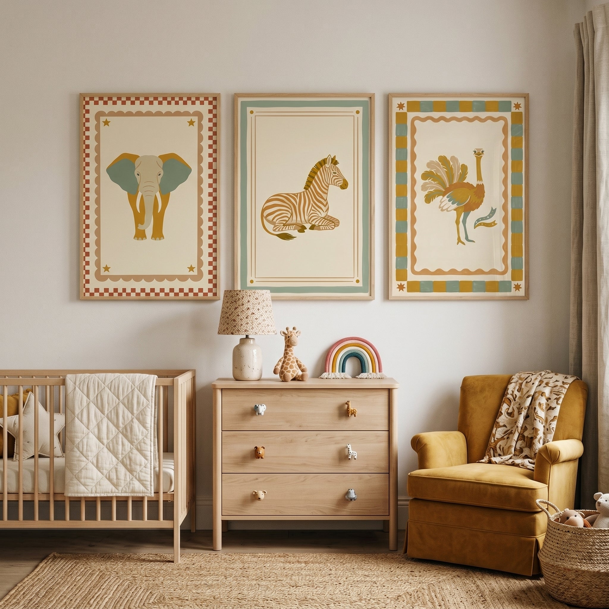 Sage Cream Safari Animal Wall Art Set of 3 - Vintage Safari Trio