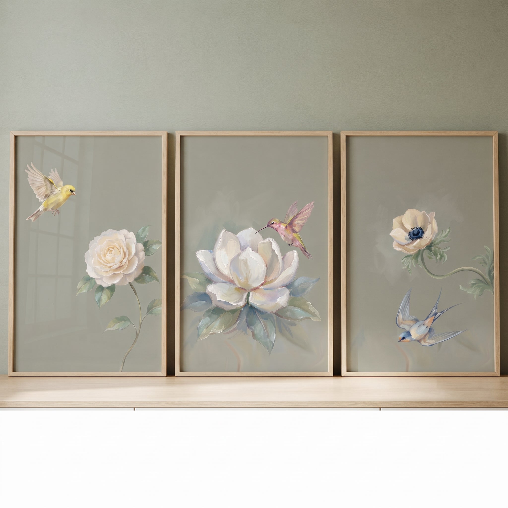 Sage Floral Garden Bird Wall Art Set of 3 - Delicate Garden Wings