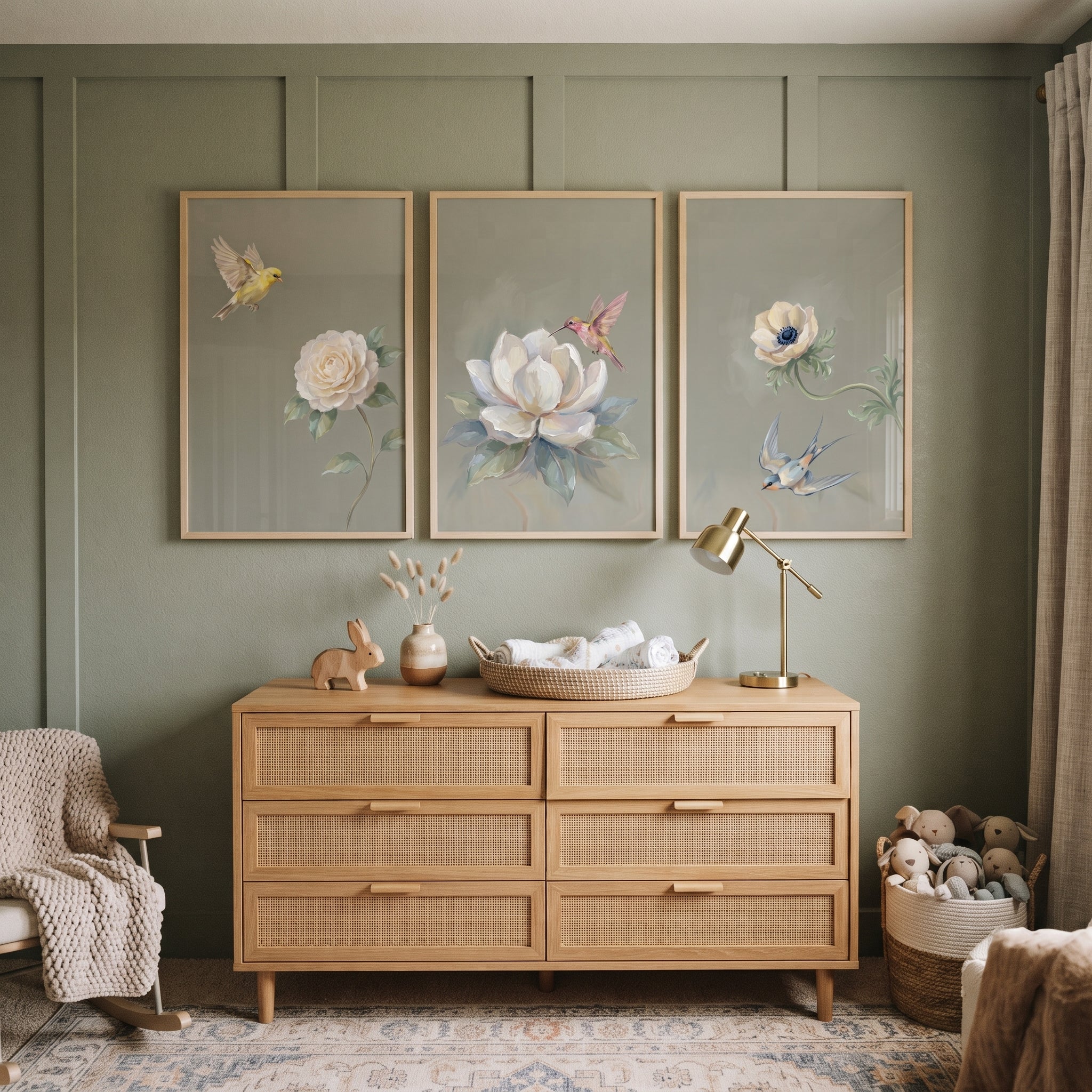 Sage Floral Garden Bird Wall Art Set of 3 - Delicate Garden Wings