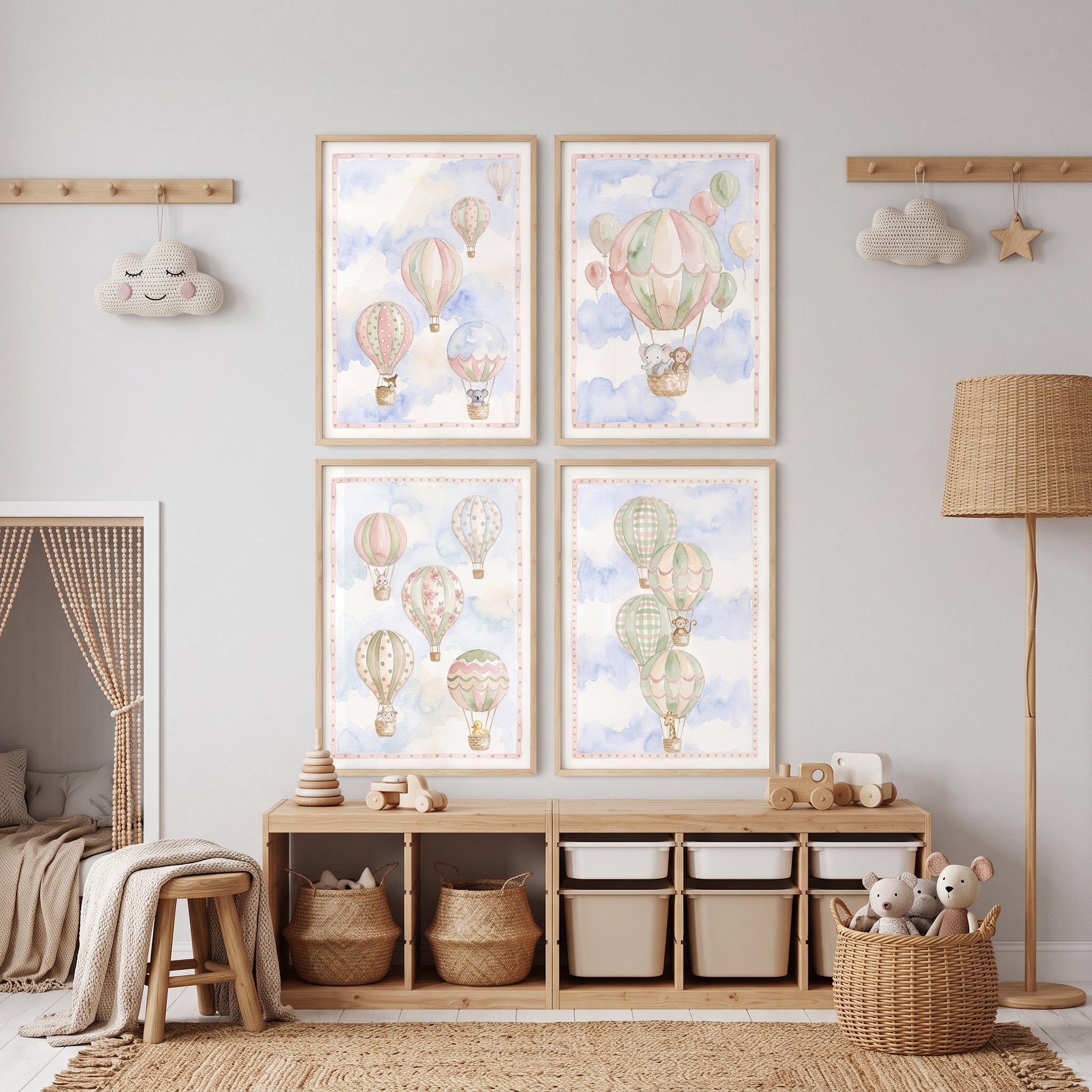 Sage Green Animal Balloon Wall Art Set Of 4 - Pastel Balloon Adventures