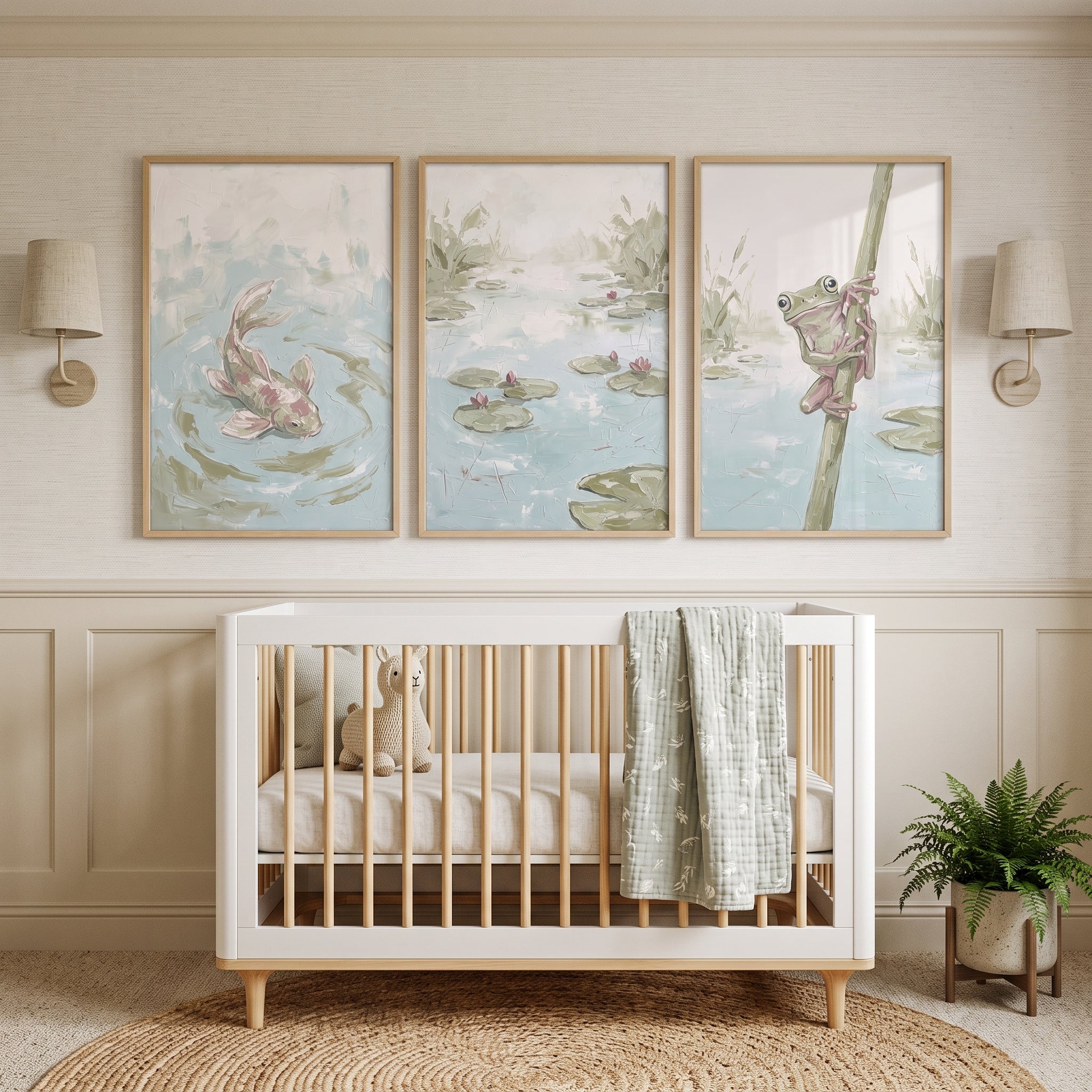 Sage Green Aquatic Nature Wall Art Set of 3 - Lily Pad Reflections