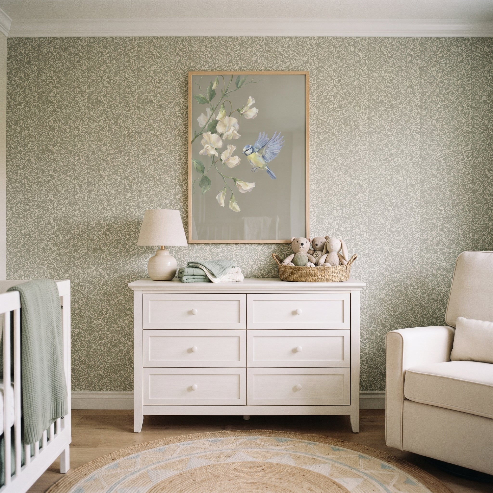 Sage Green Botanical Bird Floral Wall Art - Sweet Pea Serenade