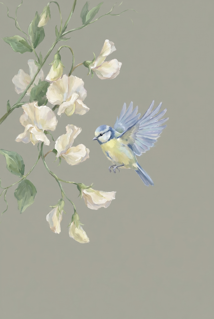 Small blue and yellow bird flies beside white flowers on sage green botanical bird floral wall art.