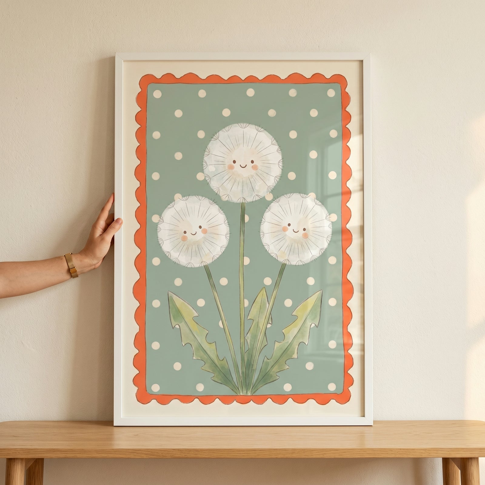 Framed sage green botanical dandelion flower wall art with smiling dandelions on a polka dot background.