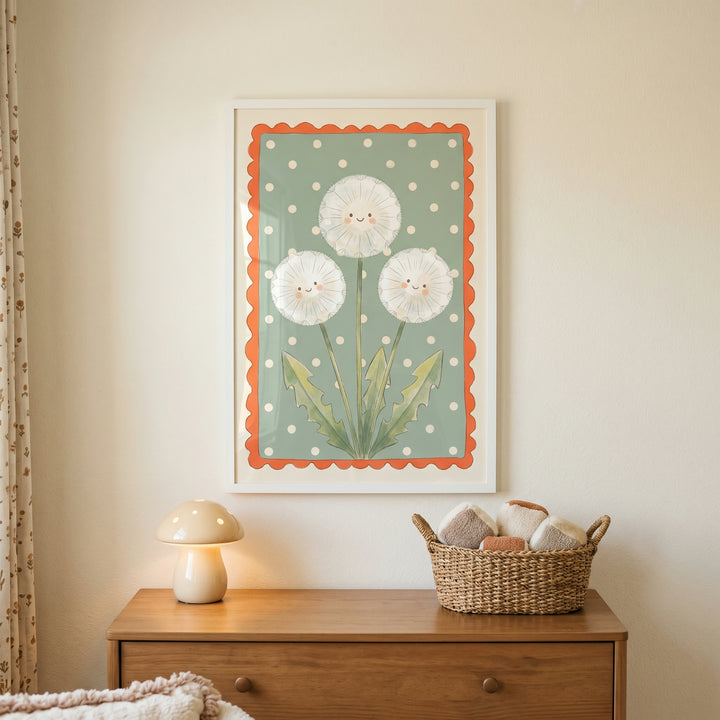 Sage green botanical dandelion flower wall art with smiley faces above a dresser with a mushroom lamp and woven basket.