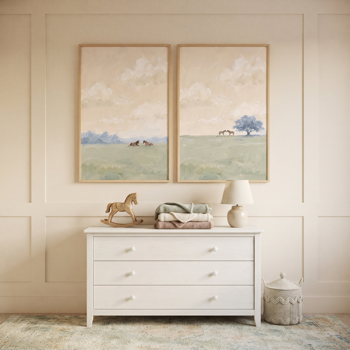 Sage Green Countryside Horses Wall Art Set of 2 - Pastel Pasture Duo