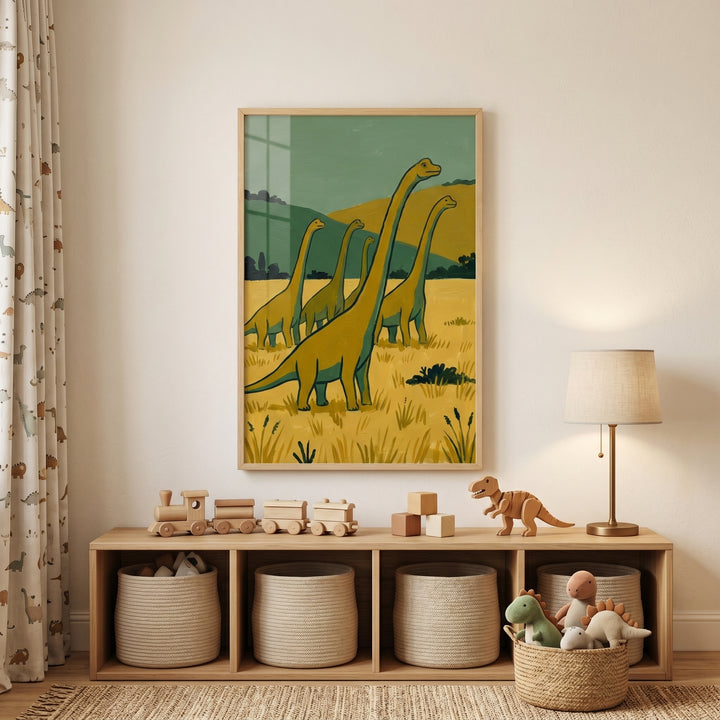 Sage green dinosaur wall art hangs above a wooden toy shelf with baskets, a wooden train, and plush dinosaurs.