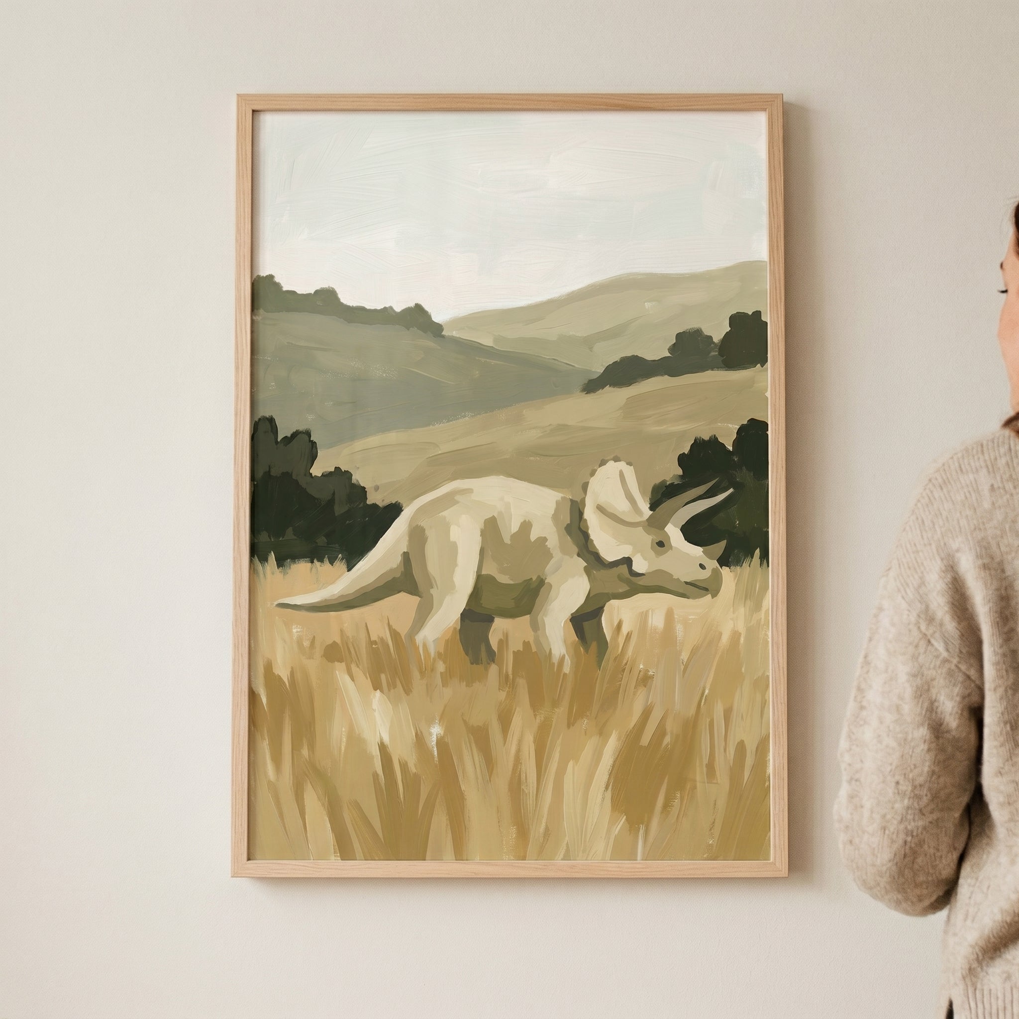 Sage Green Field Triceratops Artwork - Ancient Meadow Stroll