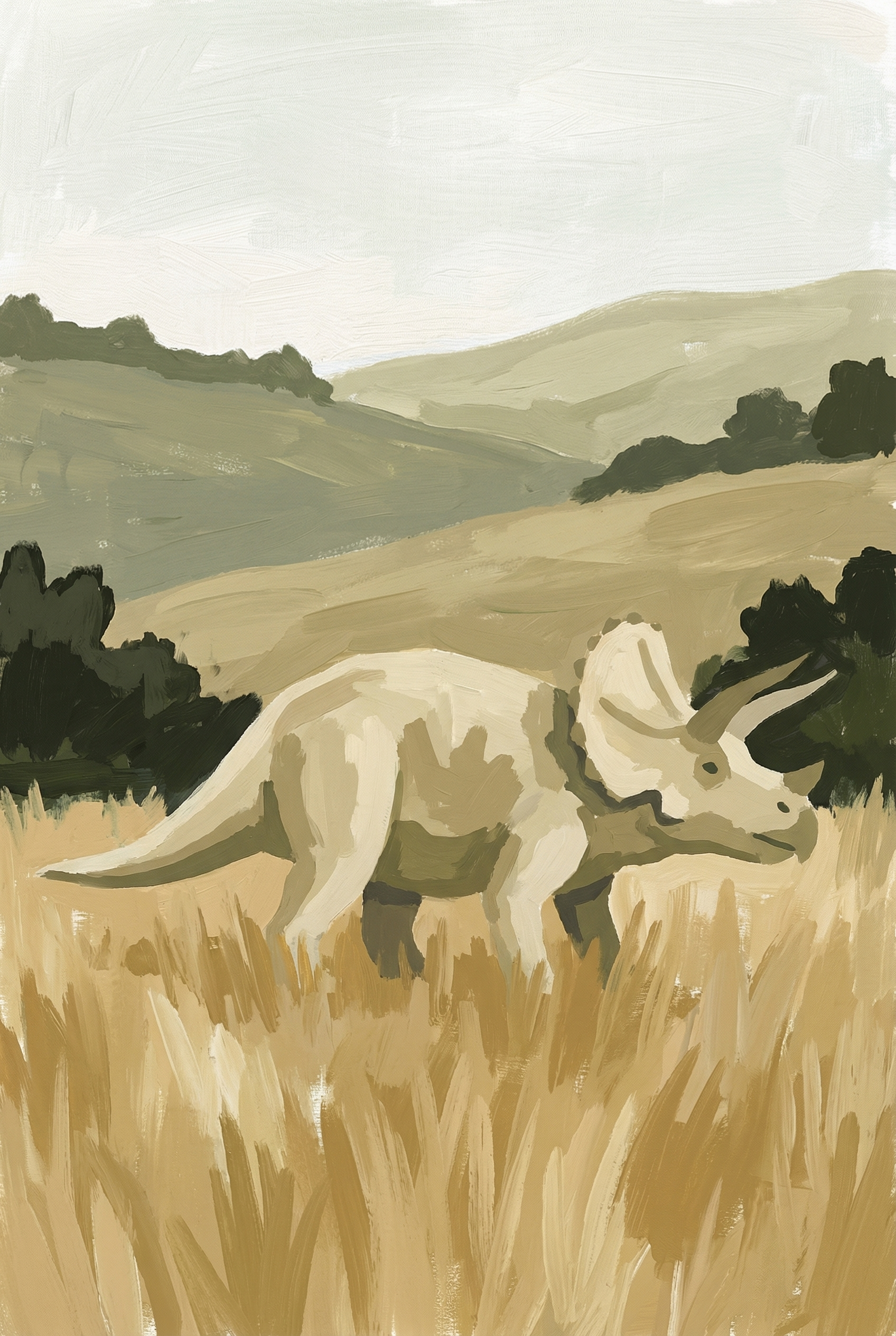 Sage Green Field Triceratops Artwork - Ancient Meadow Stroll