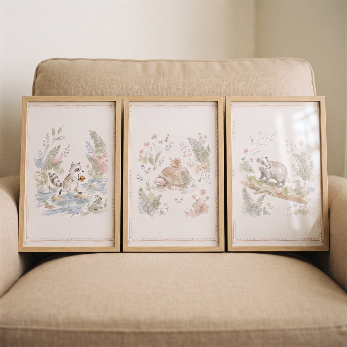 Sage green forest animals wall art set of 3 featuring a raccoon, turtle, and badger in light wood frames on a chair.