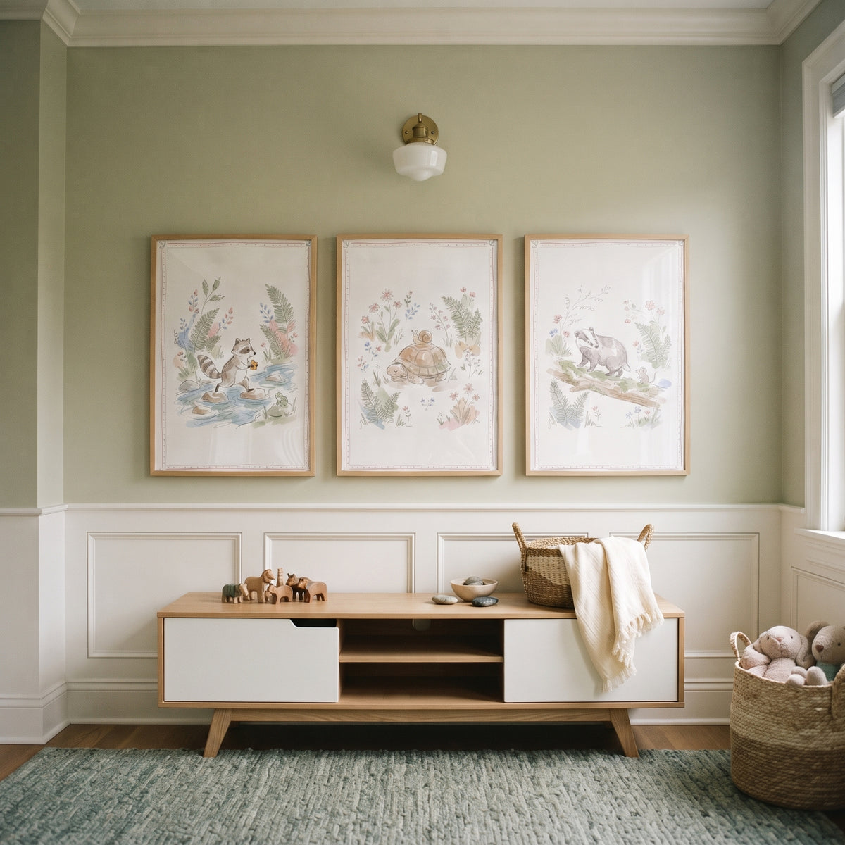 Sage Green Forest Animals Wall Art Set of 3 - Soft Nature Sketches