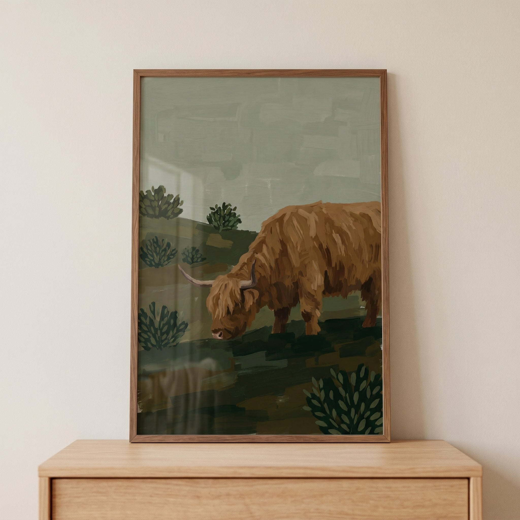 Sage Green Highland Cow Wall Art - Highland Meadow Grazer