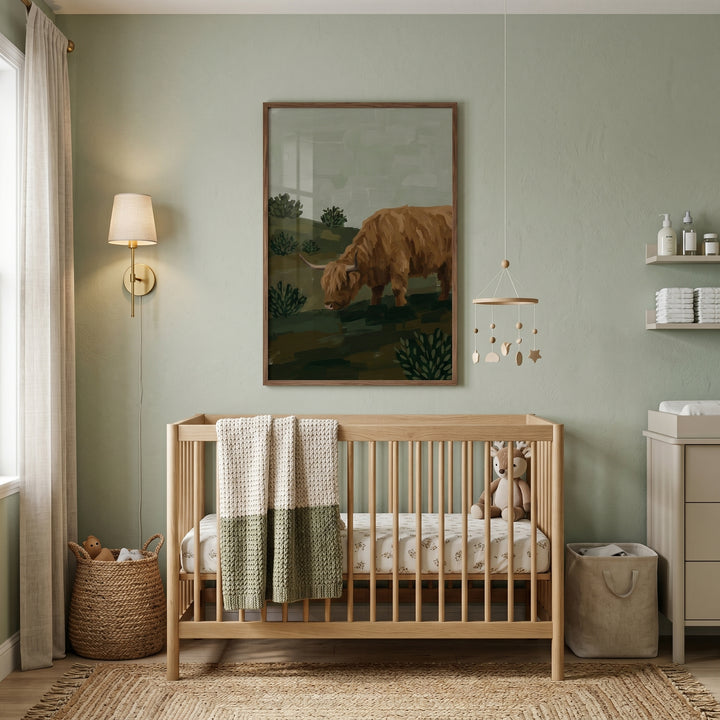 A light wood crib sits below sage green highland cow wall art in a nursery with soft green walls and a woven rug.