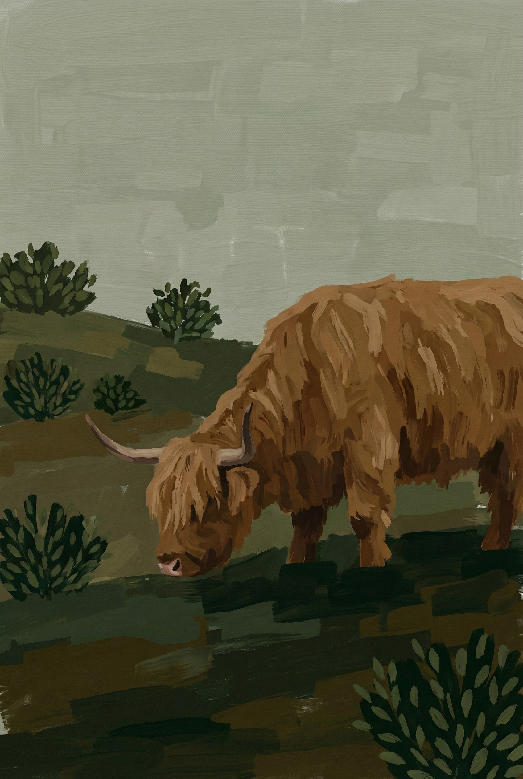 Sage Green Highland Cow Wall Art - Highland Meadow Grazer
