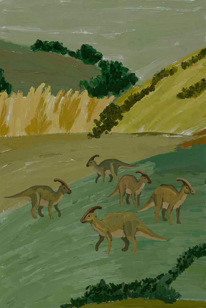 Five crested dinosaurs walk through a grassy field in this sage green hill dinosaur artwork.