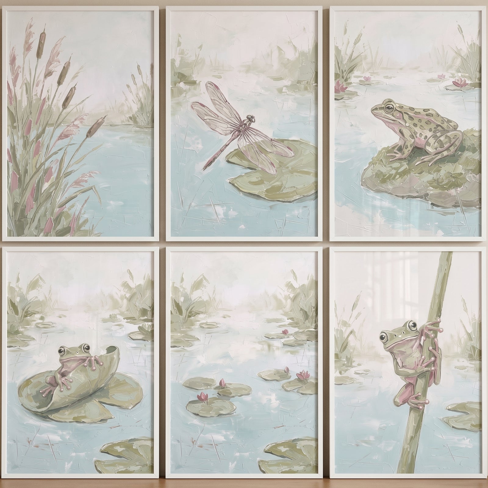 Sage green impasto pond wall art set of 6 featuring frogs, a dragonfly, and lily pads in soft water tones.
