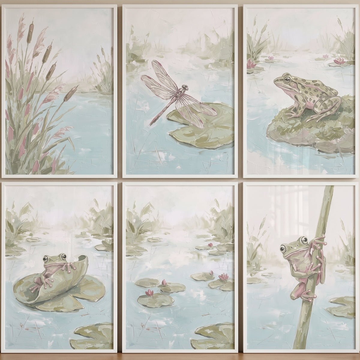 Sage Green Impasto Style Pond Wall Art Set Of 6 - Soft Pond Serenity