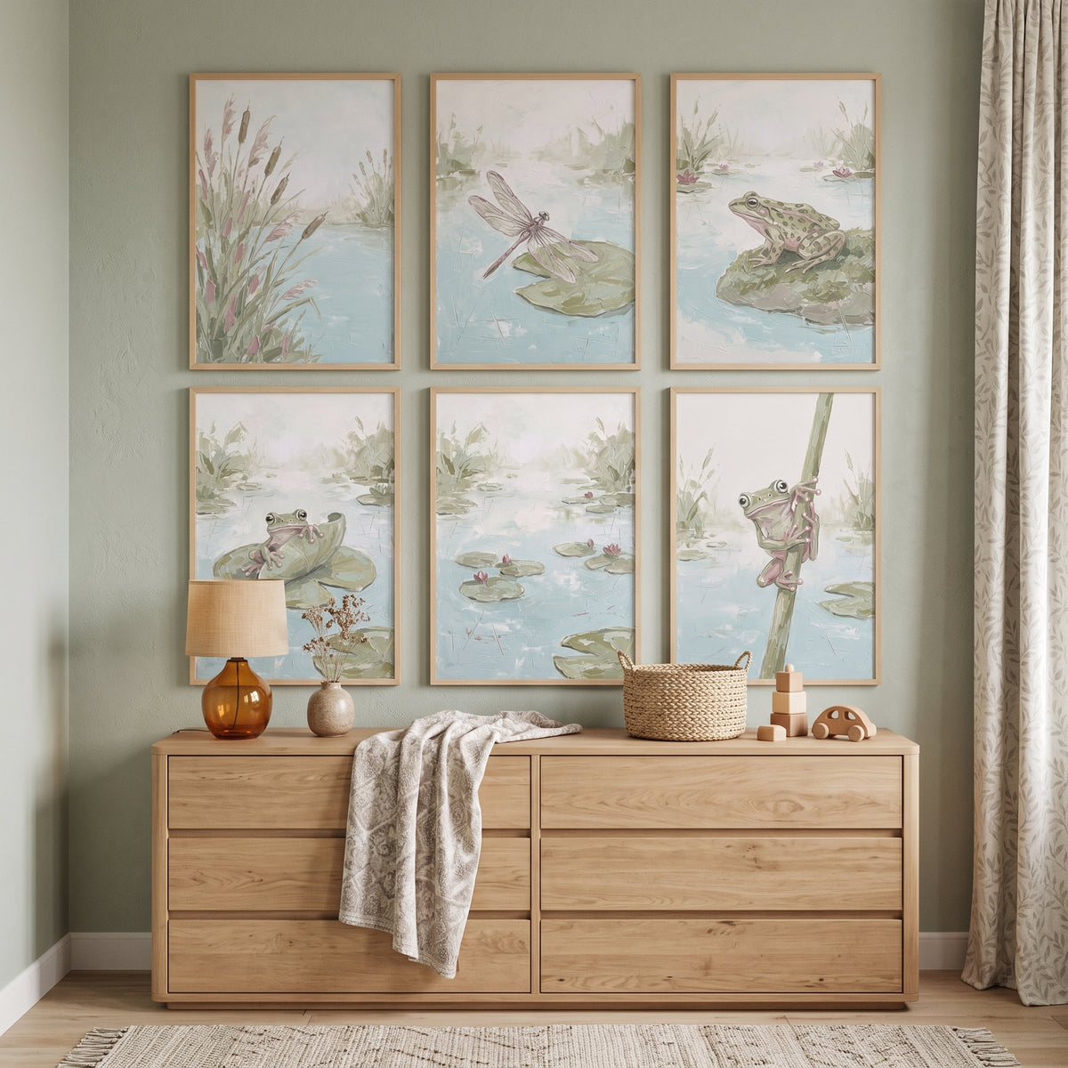 Sage Green Impasto Style Pond Wall Art Set Of 6 - Soft Pond Serenity