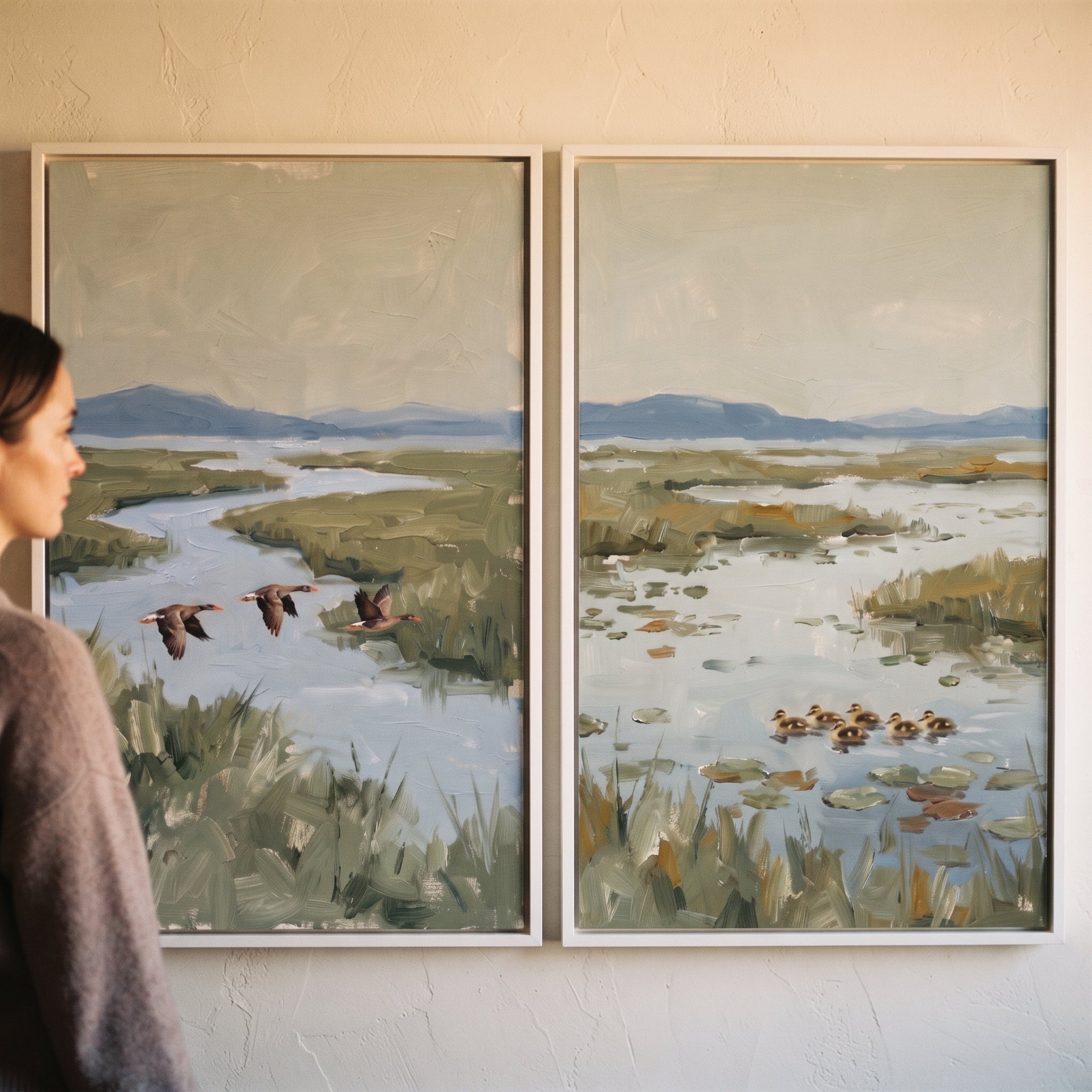 Sage Green Marsh Duck Wall Art Set of 2 - Wetland Wings