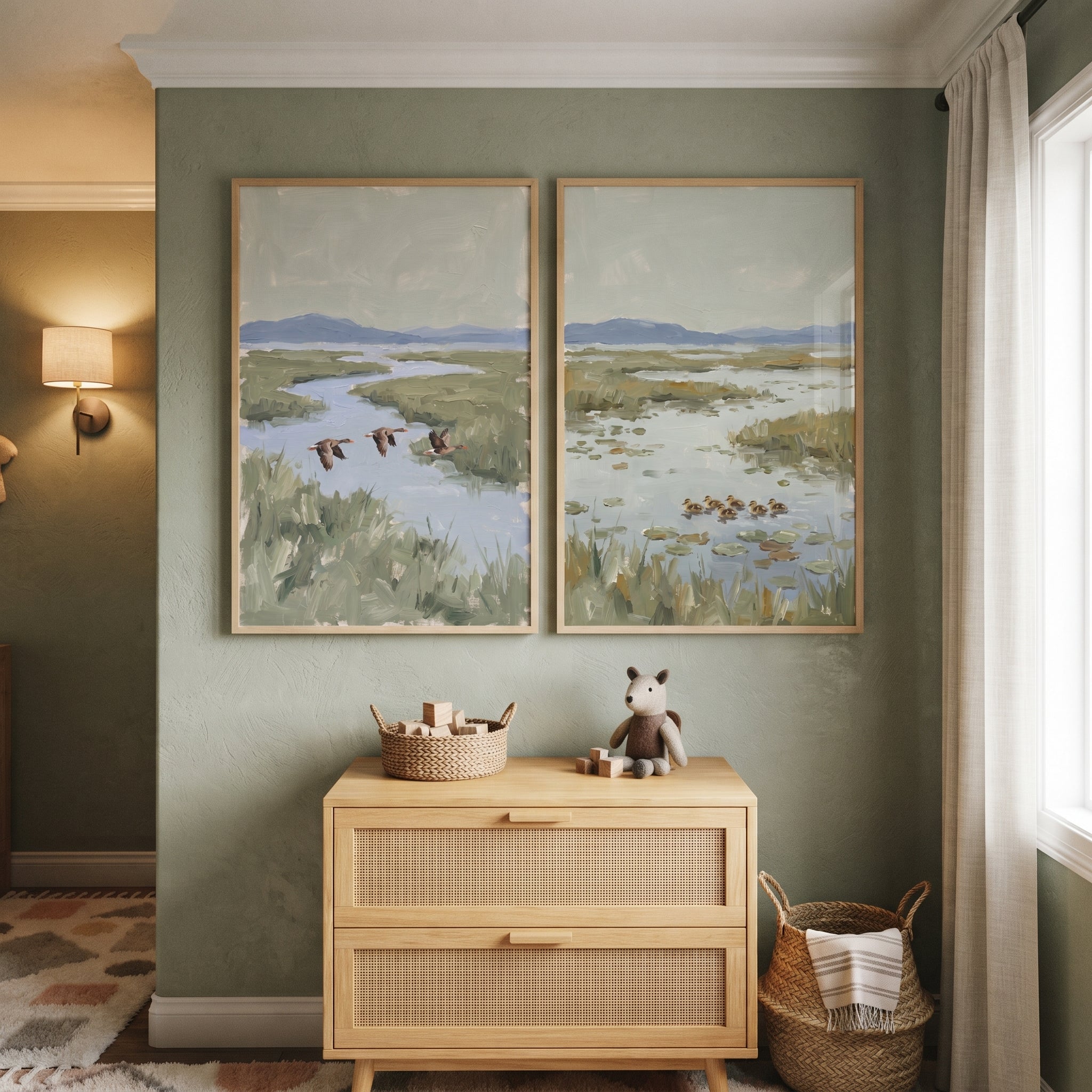 Sage Green Marsh Duck Wall Art Set of 2 - Wetland Wings