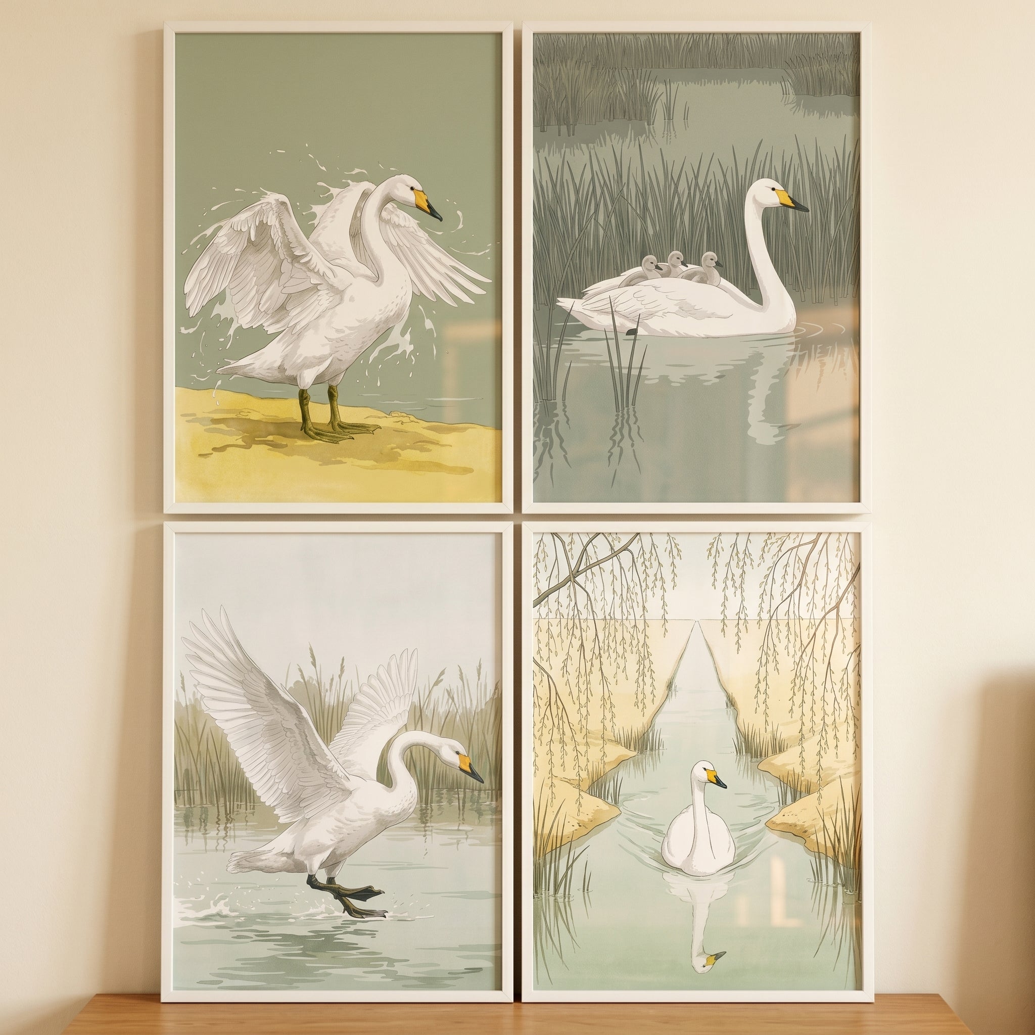 Sage Green Marsh Swan Wall Art Set Of 4 - Graceful Swan Moments