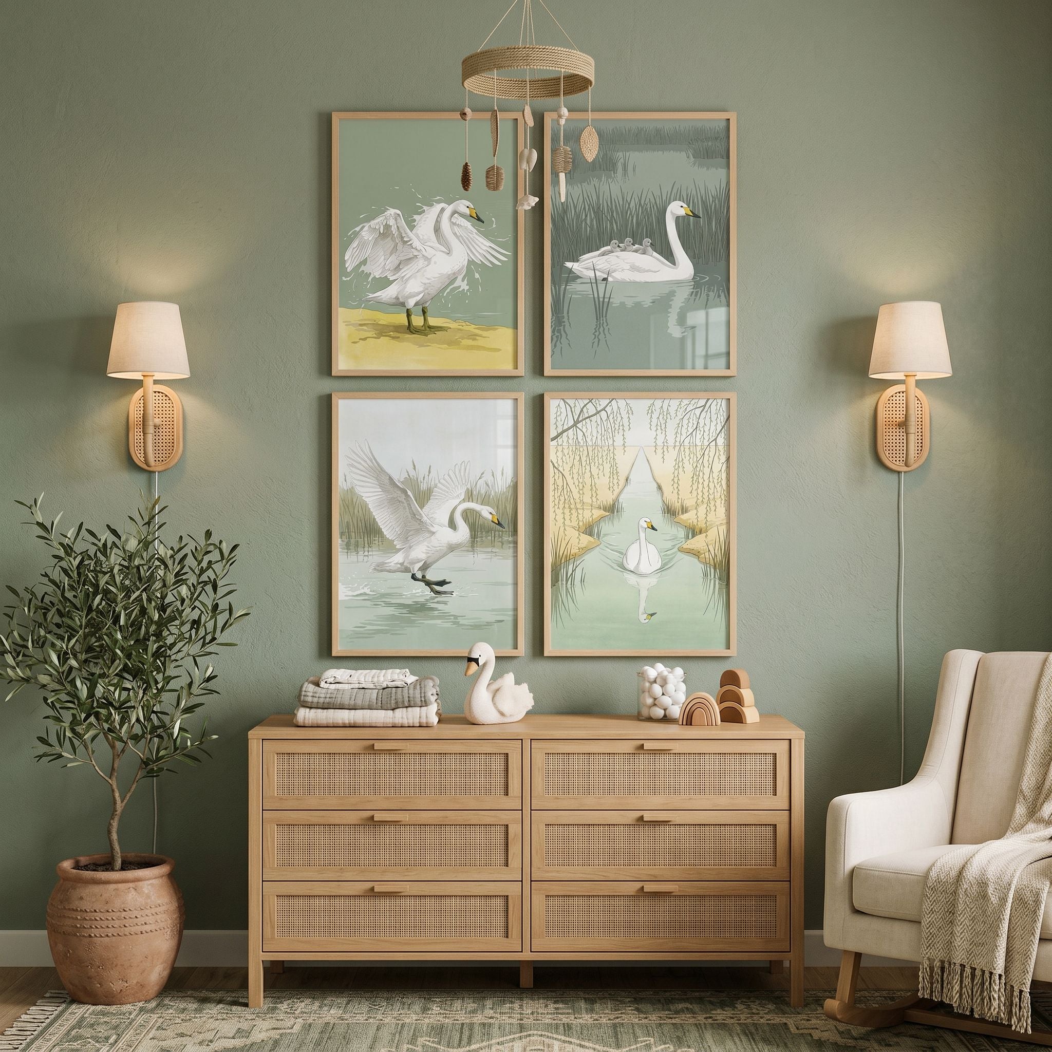 Sage Green Marsh Swan Wall Art Set Of 4 - Graceful Swan Moments