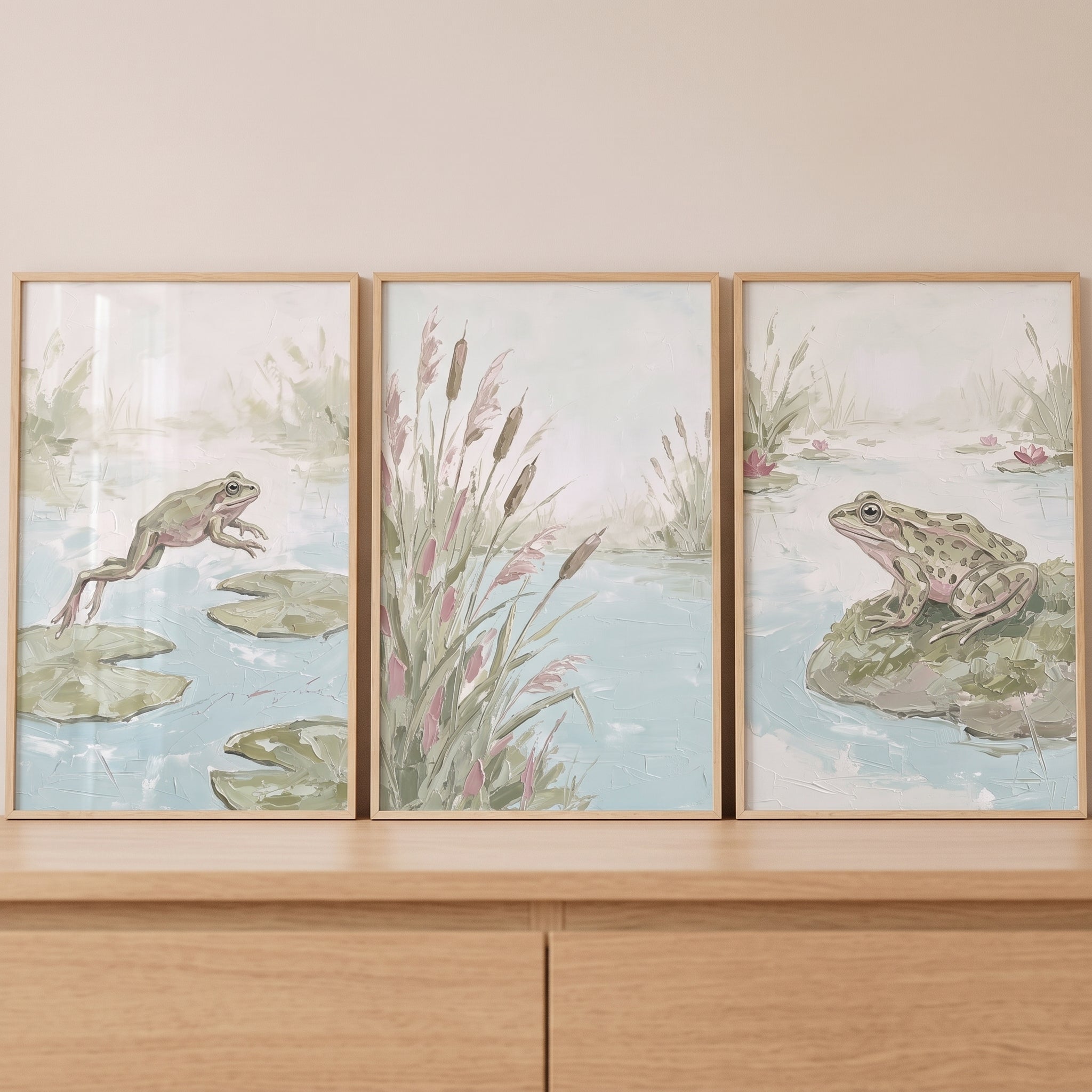 Sage Green Marshland Pond Wall Art Set Of 3 - Leaping Frog Scenes