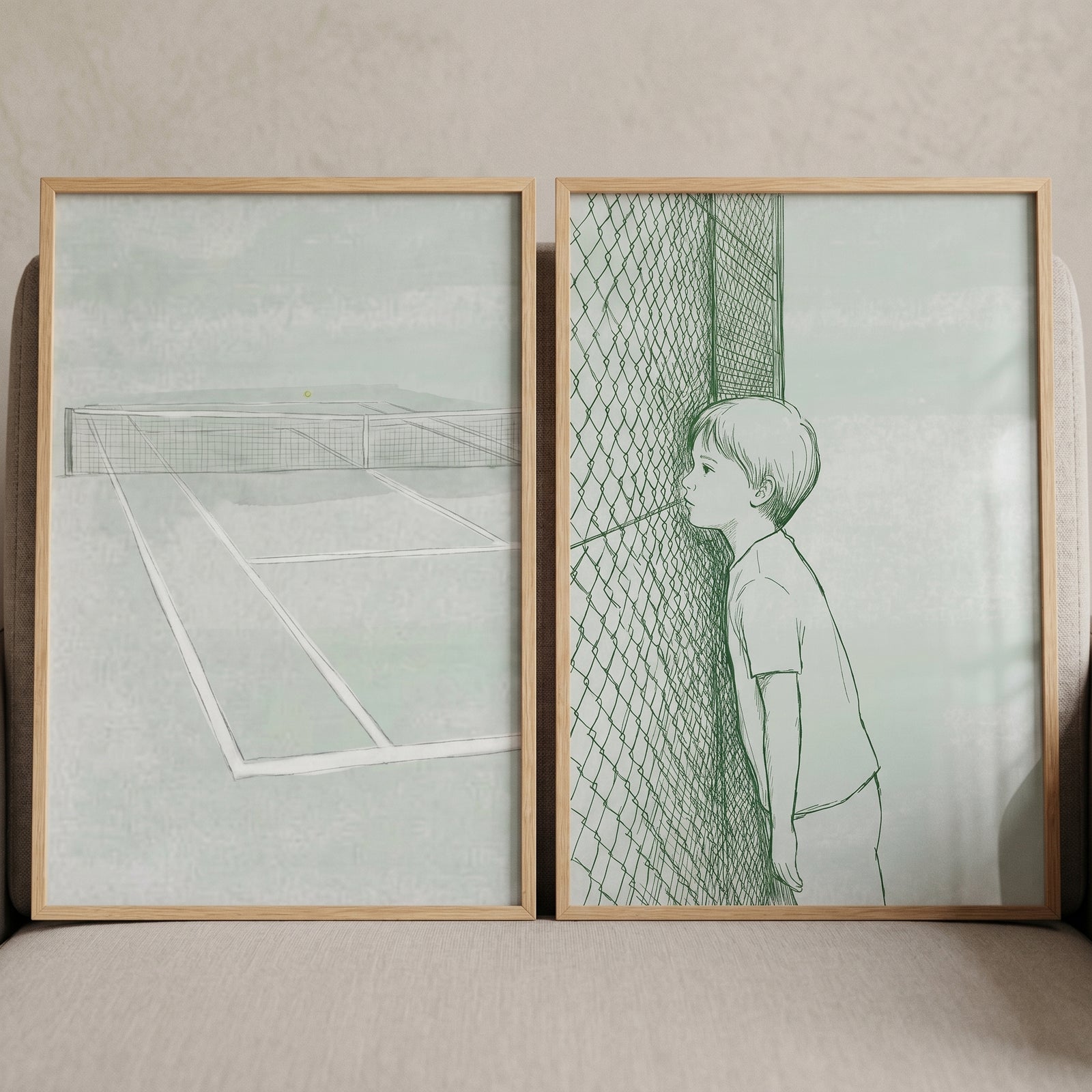 Sage green minimalist tennis wall art set of 2 featuring a court sketch and a boy peering through a chain link fence.