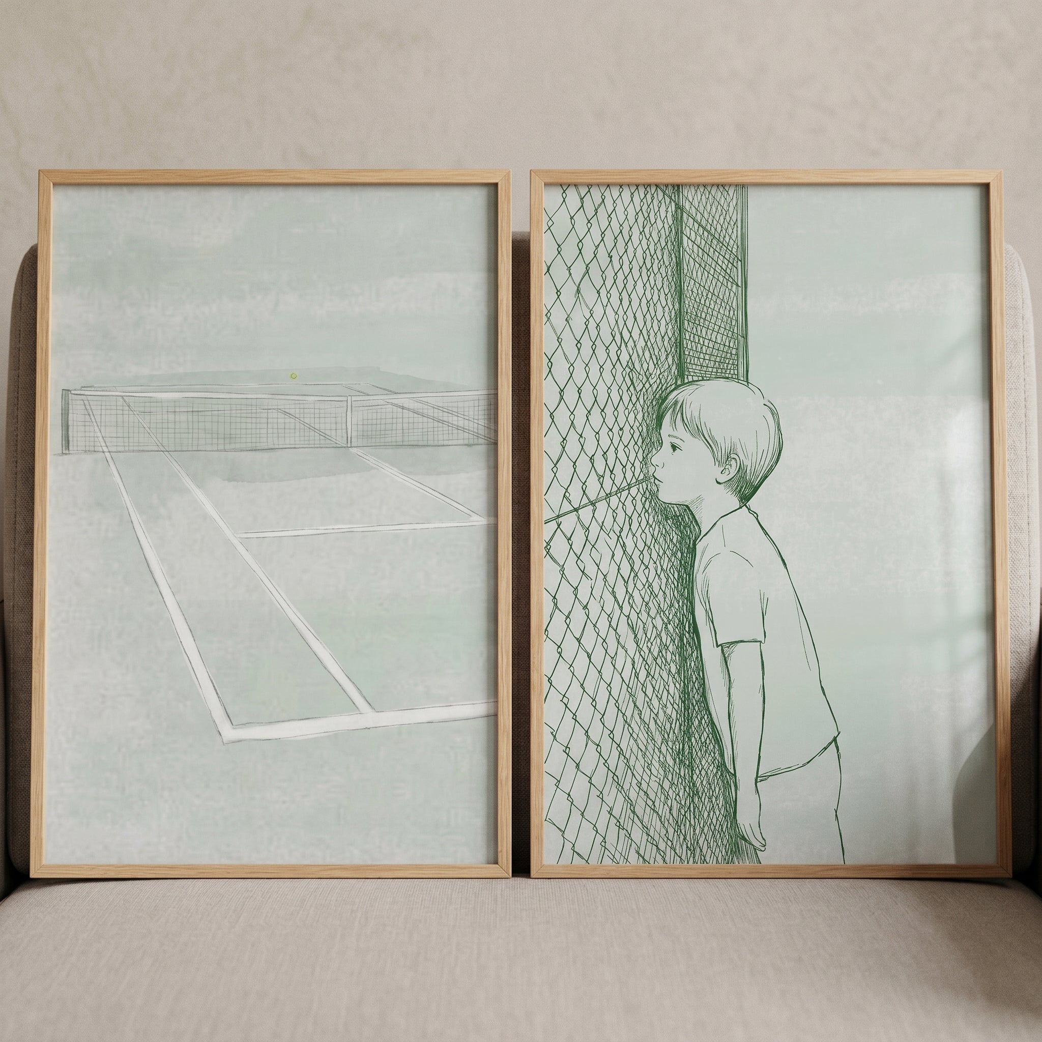 Sage Green Minimalist Tennis Wall Art Set of 2 - Through The Mesh