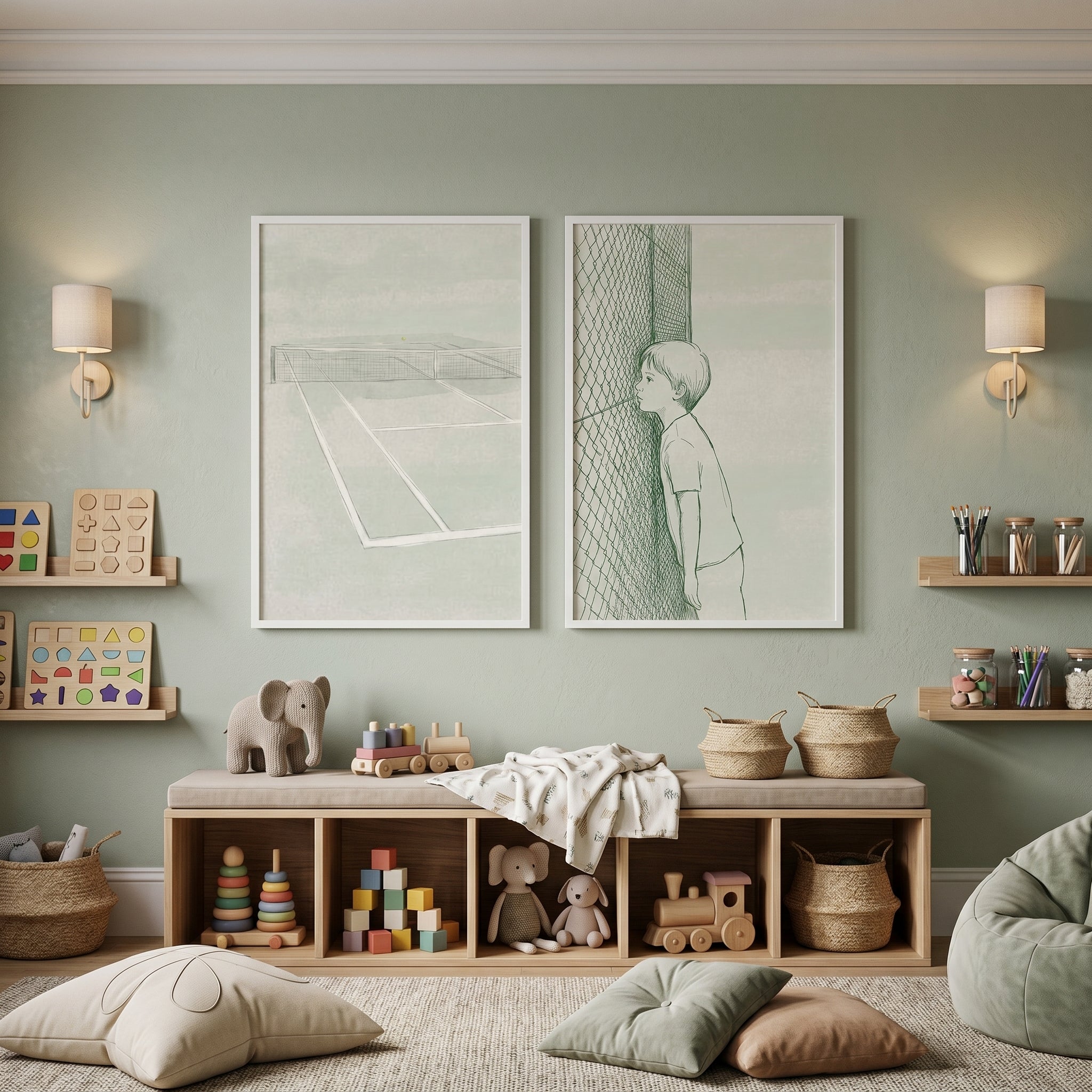 Sage Green Minimalist Tennis Wall Art Set of 2 - Through The Mesh