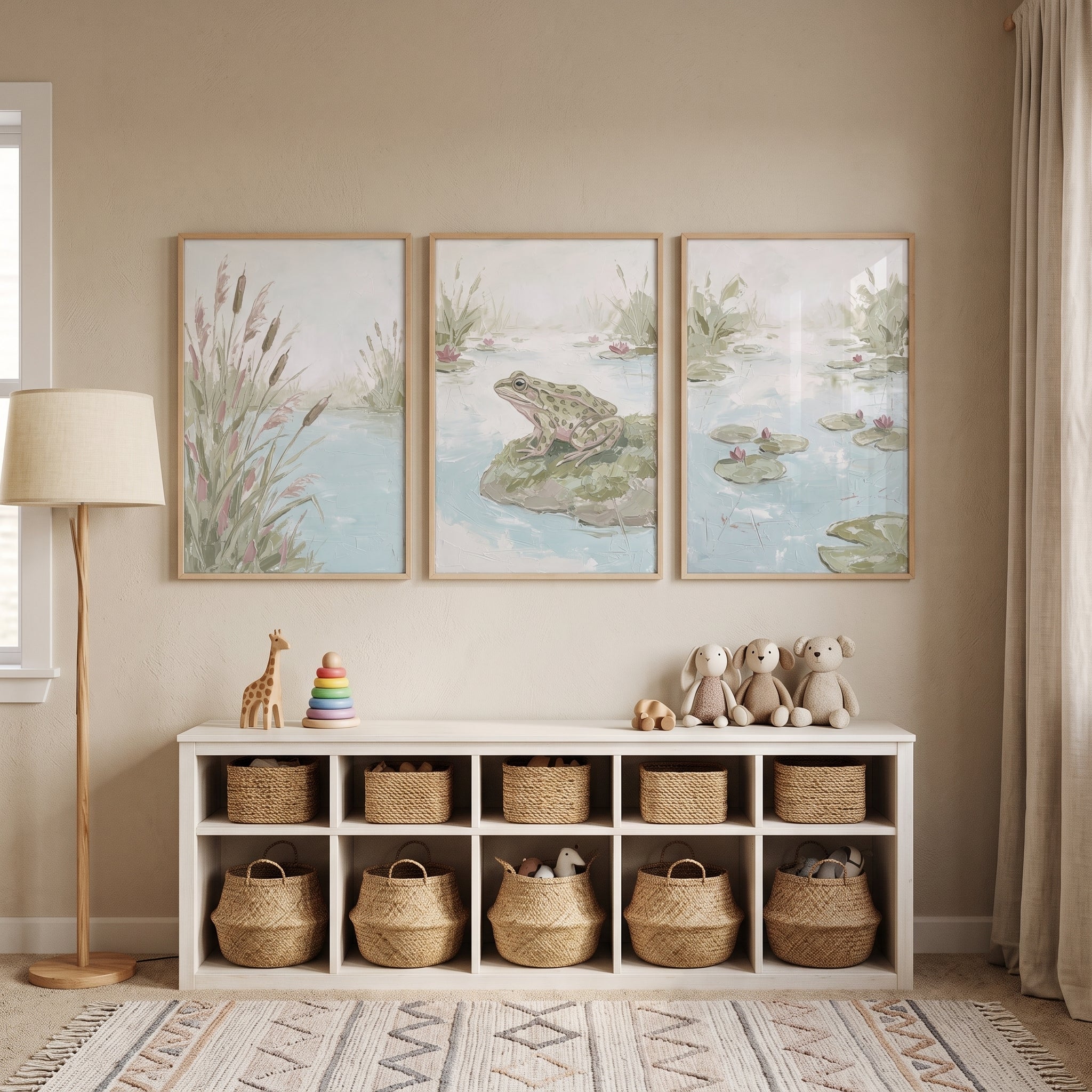 Sage Green Nature Pond Wall Art Set Of 3 - Serene Marsh Life