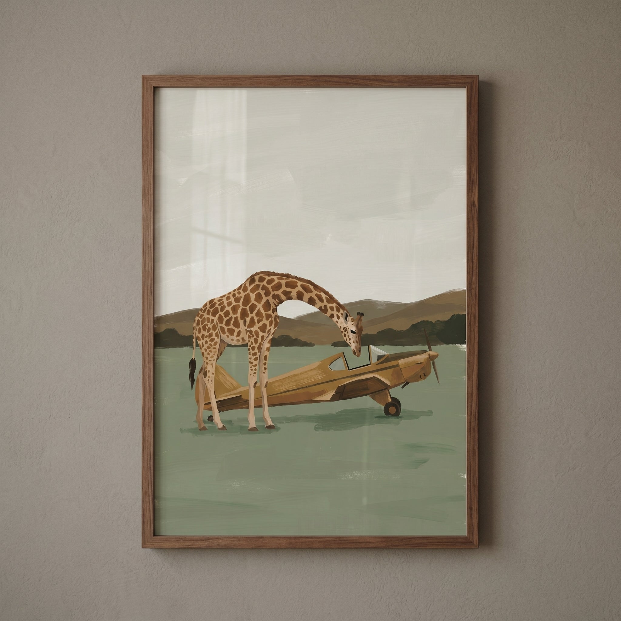 Sage Green Plane Giraffe Wall Art - The Spotted Aviator