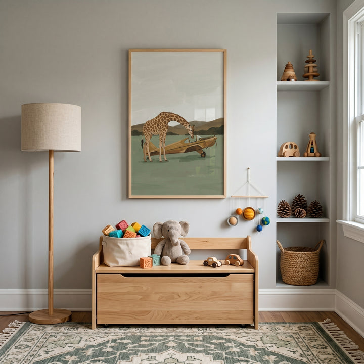 Sage green plane giraffe wall art above a wooden toy chest with a stuffed elephant in a neutral room with a floor lamp.
