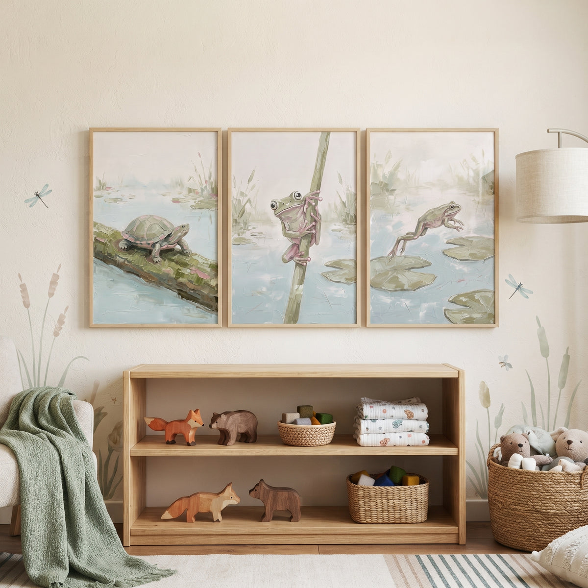 Sage Green Pond Animals Wall Art Set Of 3 - Tranquil Pond Scenes