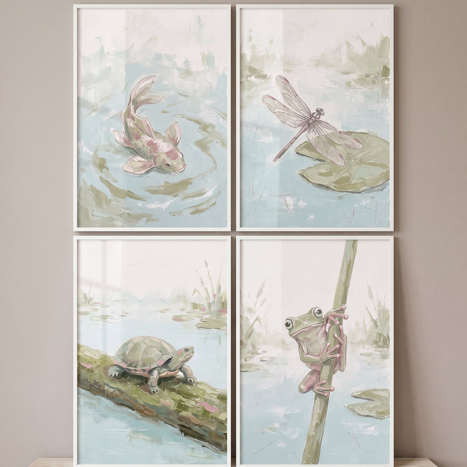 Sage green pond wall art set of 4 with a koi fish, dragonfly on a lily pad, turtle on a log, and climbing frog.