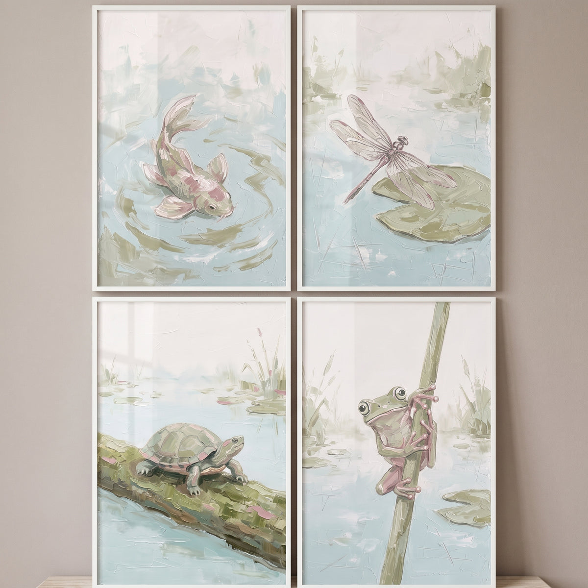 Sage Green Pond Wall Art Set Of 4 - Tranquil Water Creatures