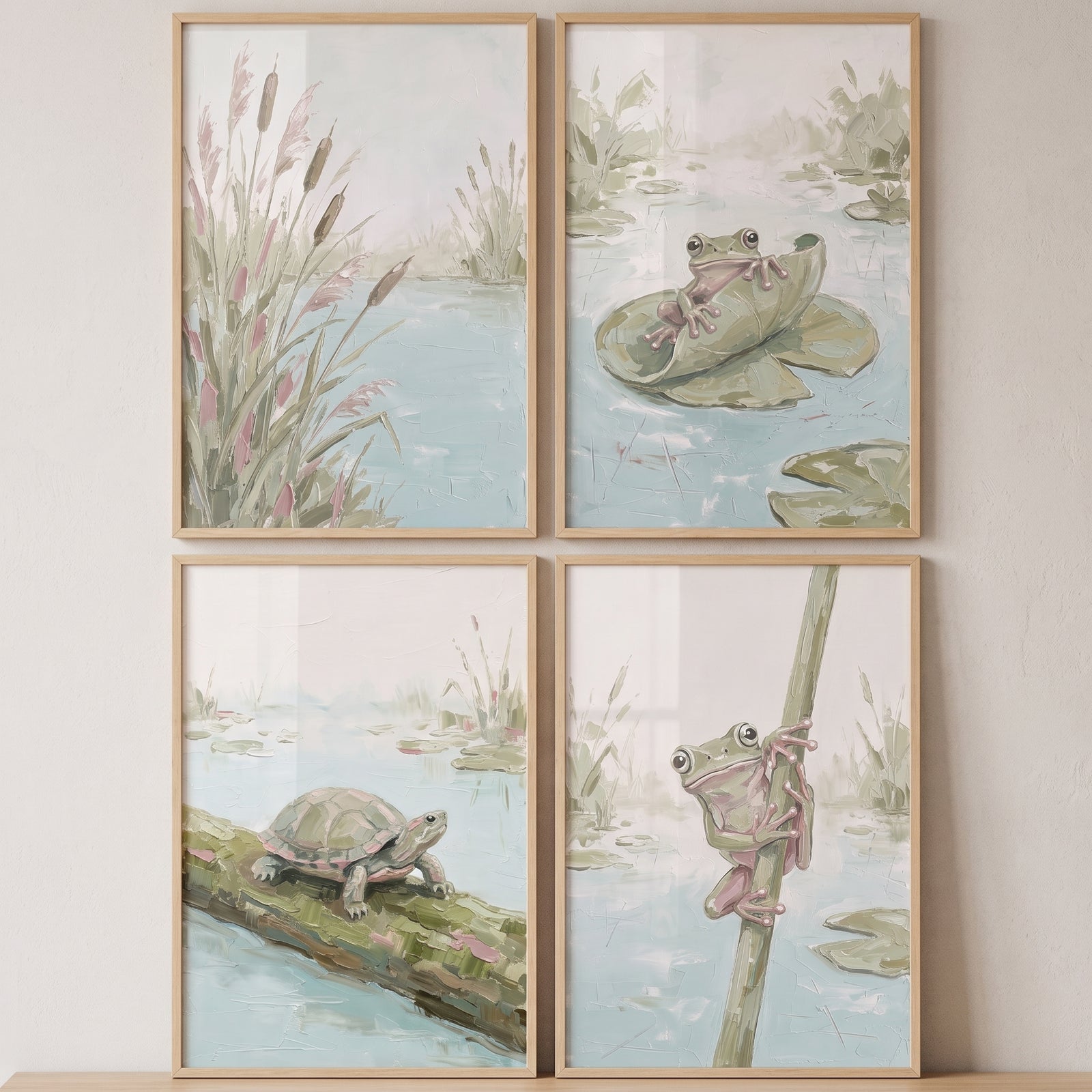 Sage green pond wildlife animals set of 4 framed illustrations of frogs, a turtle, and reeds in muted watercolor tones.