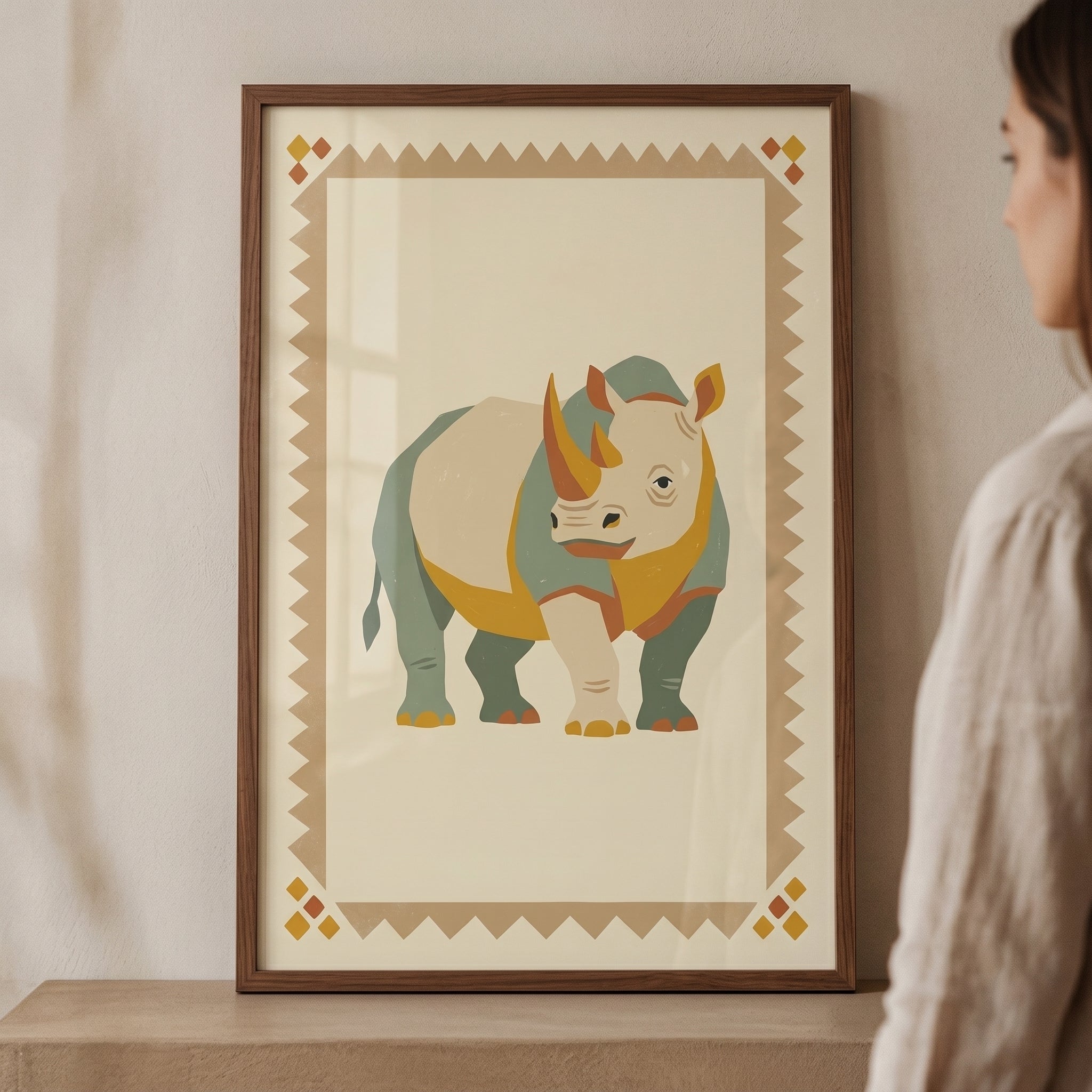 Sage Green Rhino Artwork - Earthy Safari Rhino