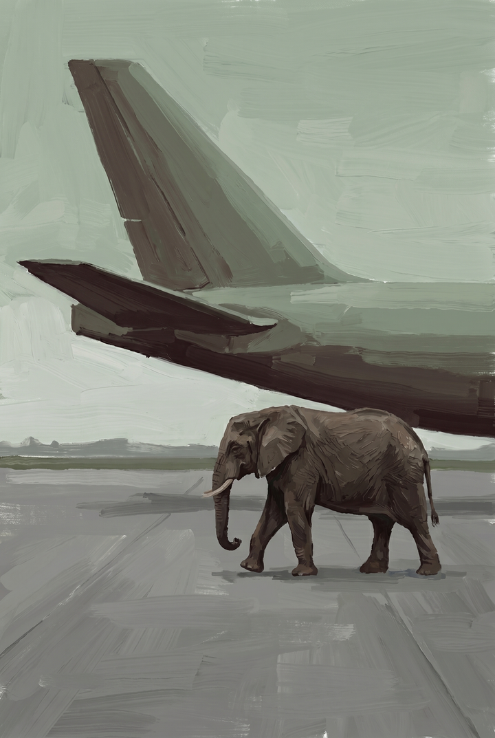 An elephant walks across the tarmac beneath a plane tail in this sage green runway elephant wall art.