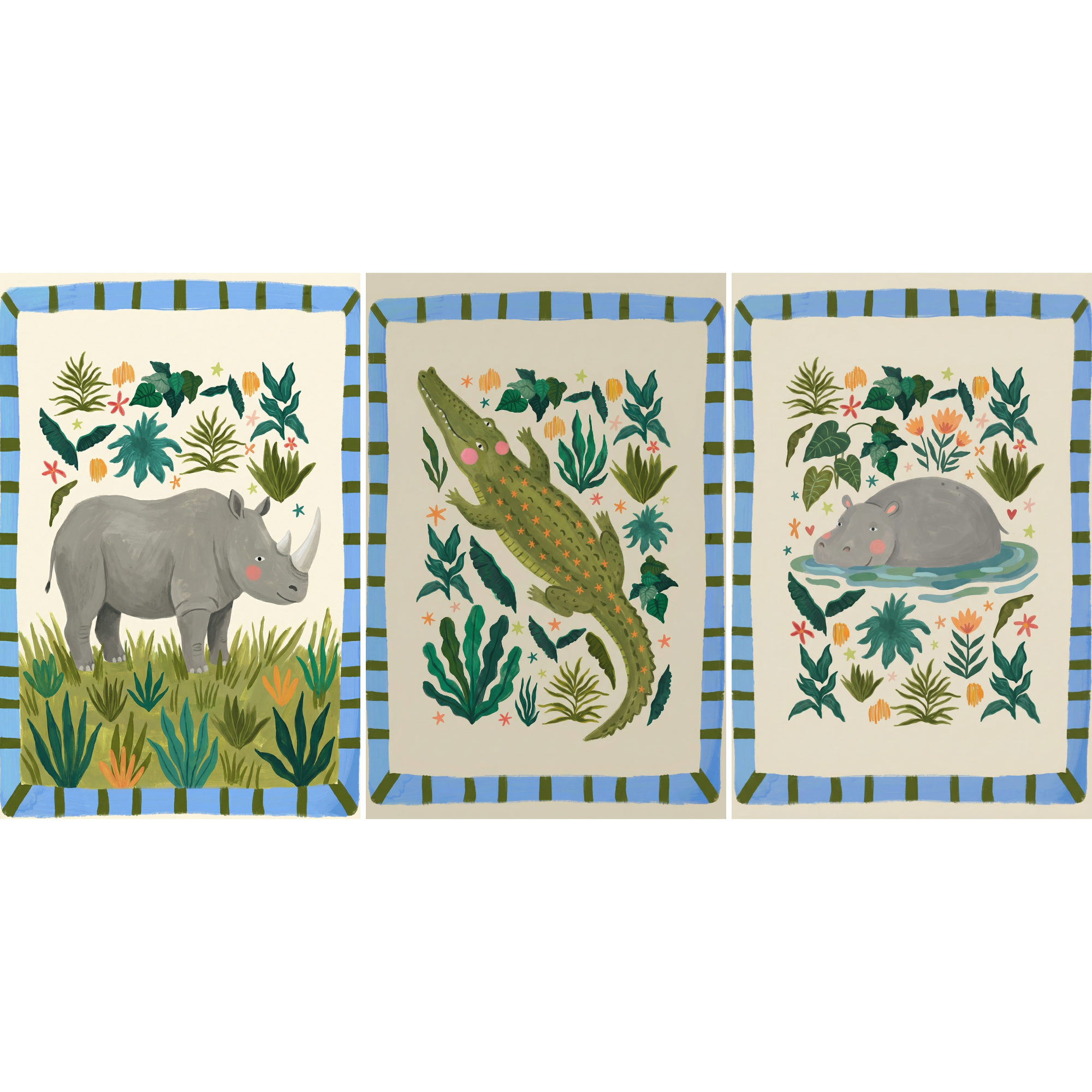 Sage Green Safari Animal Wall Art Set of 3 - Wild Safari Friends
