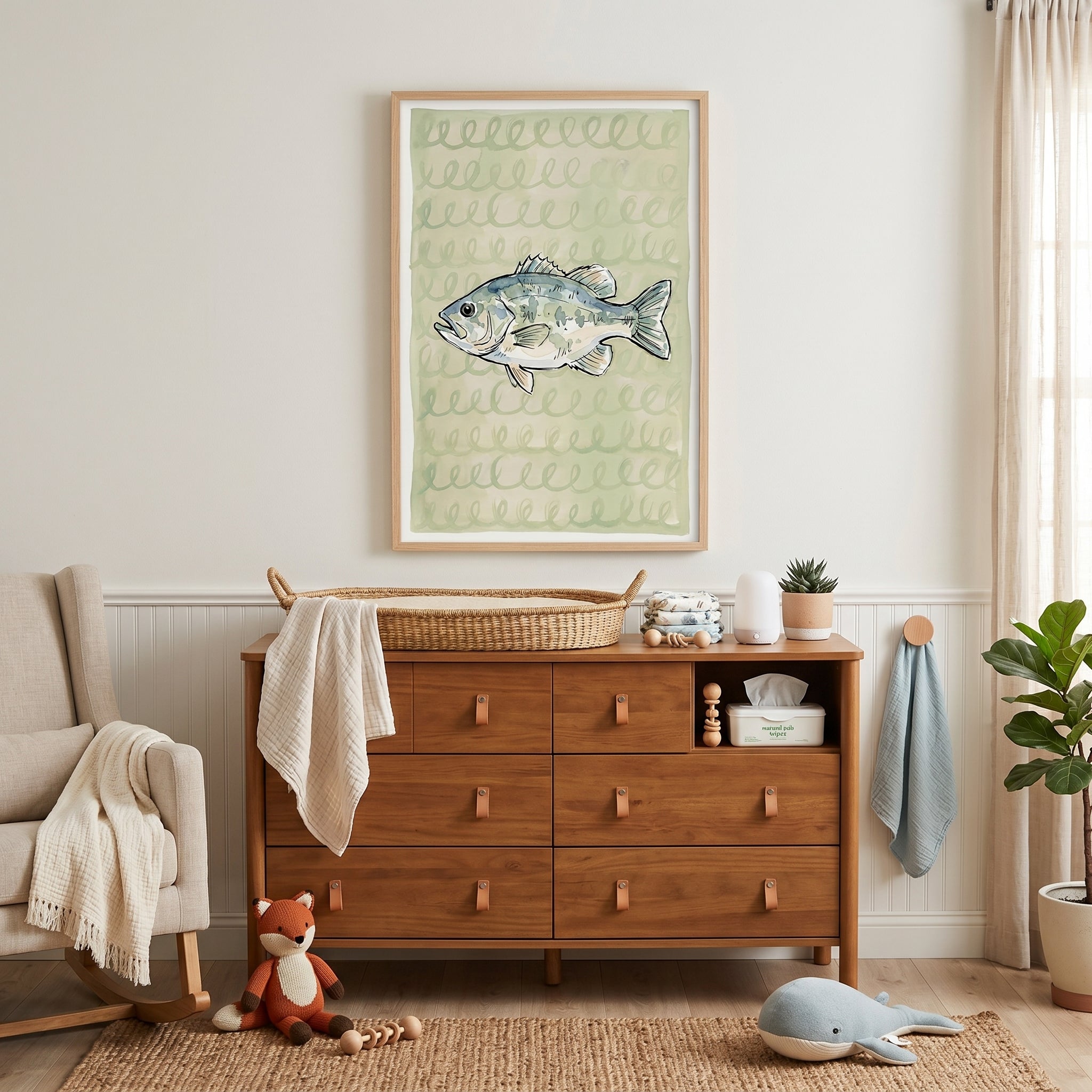 Sage Green Spiral Bass Fish Wall Art - Verdant Swirl Bass