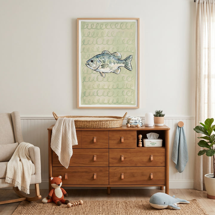 Nursery featuring sage green spiral bass fish wall art over a wooden dresser with a changing basket and plush toys.