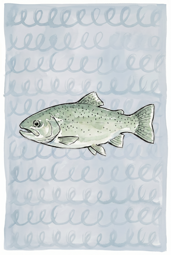 Watercolor style sage green spotted trout fish wall art against a light blue background with whimsical loopy swirls.