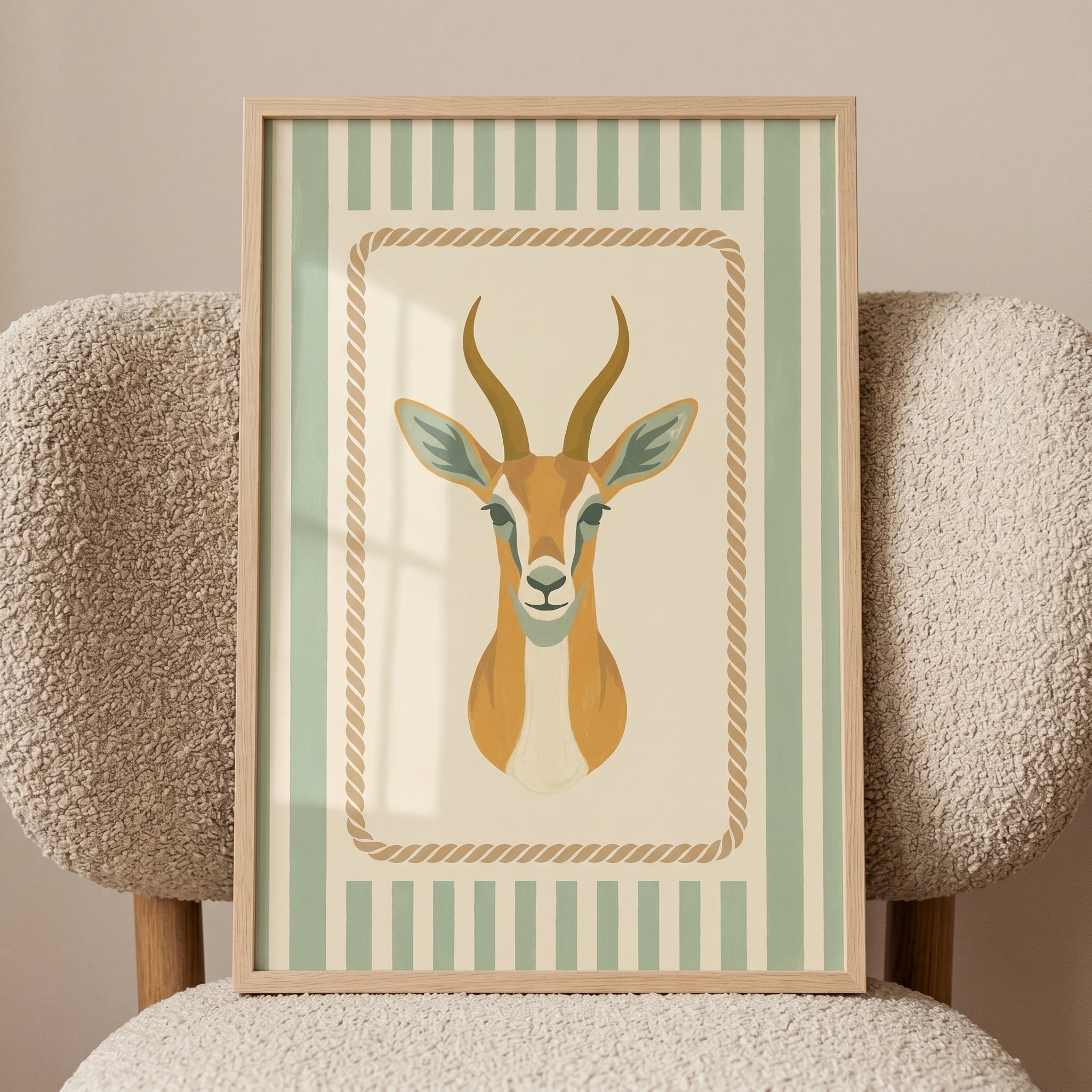 Sage Green Striped Gazelle Wall Art - Striped Gazelle Portrait