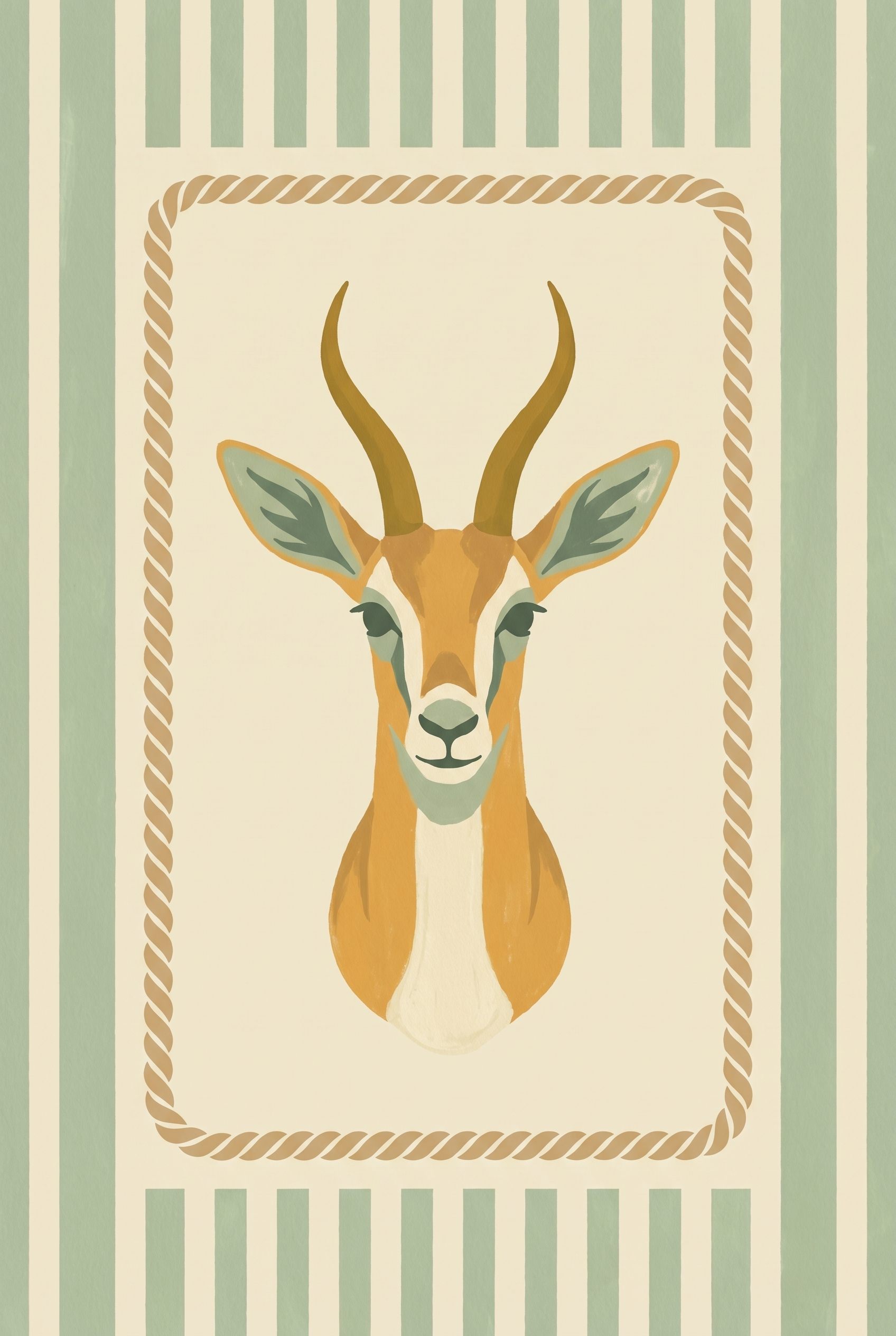 Sage Green Striped Gazelle Wall Art - Striped Gazelle Portrait