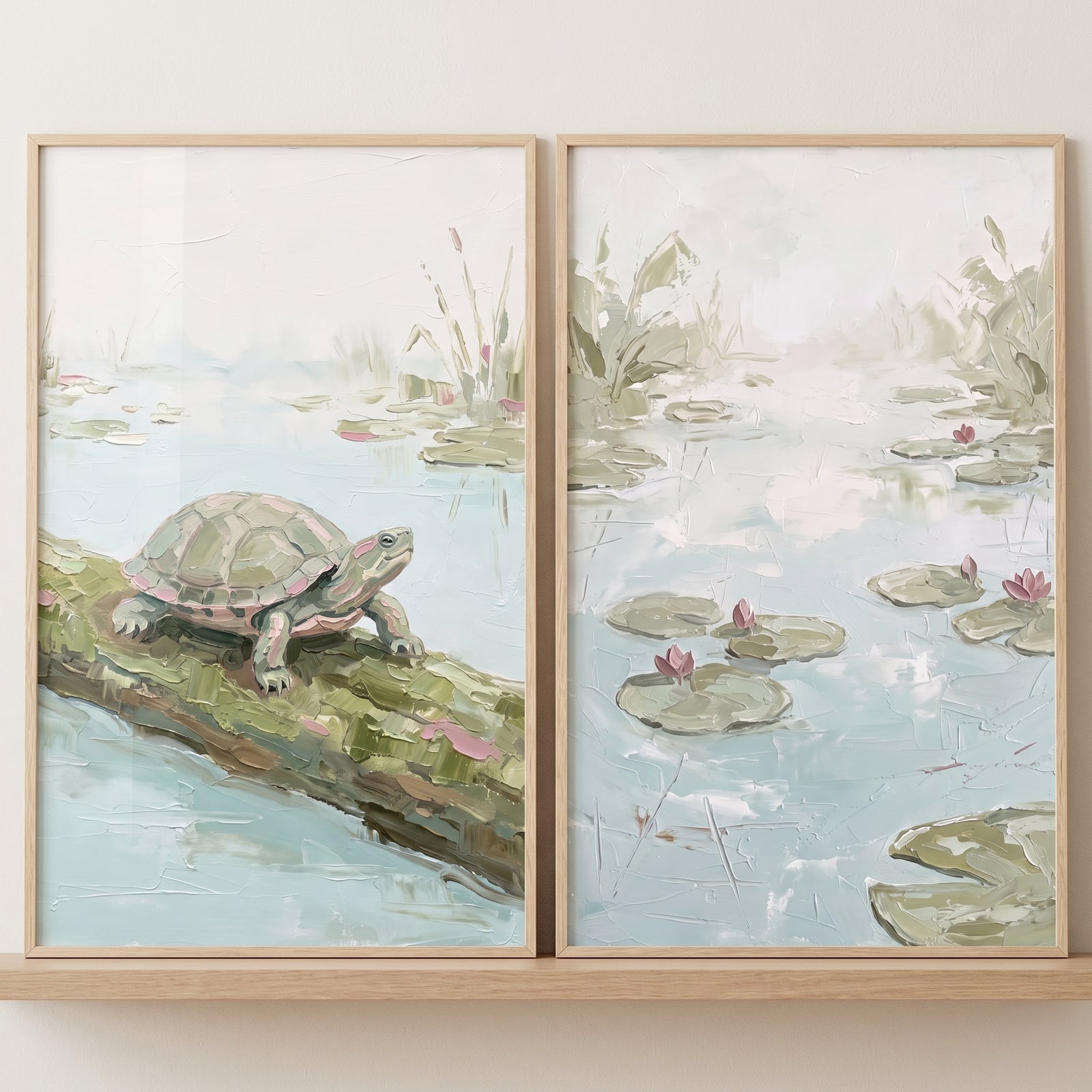 Sage green textured pond wall art set of 2 featuring a turtle on a log and lily pads with pink flowers on water.