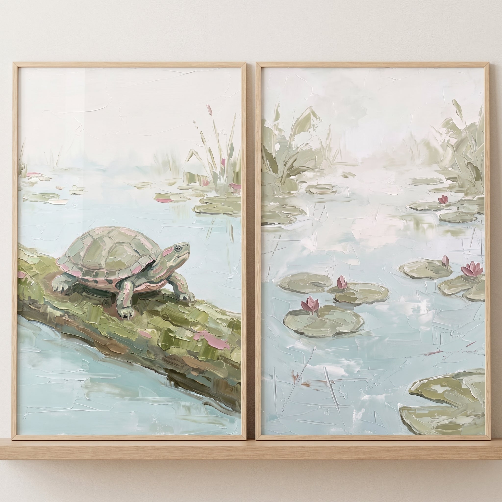 Sage Green Textured Style Pond Wall Art Set Of 2 - Serene Turtle Pond