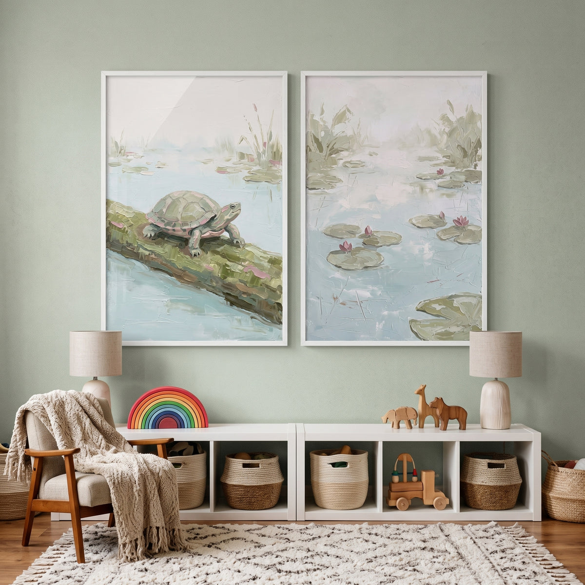 Sage Green Textured Style Pond Wall Art Set Of 2 - Serene Turtle Pond