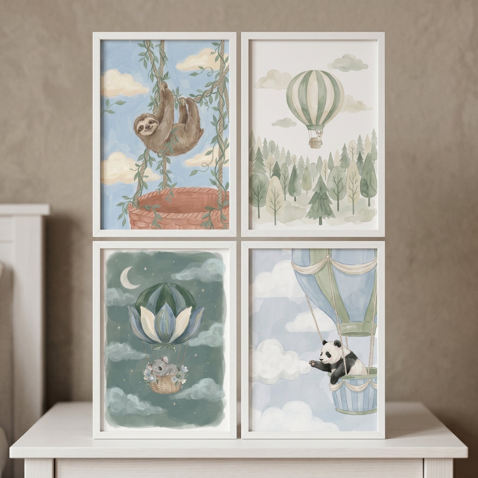 Sage green traveling animals wall art set of 4 featuring hot air balloons and a sloth, koala, and panda in nature.