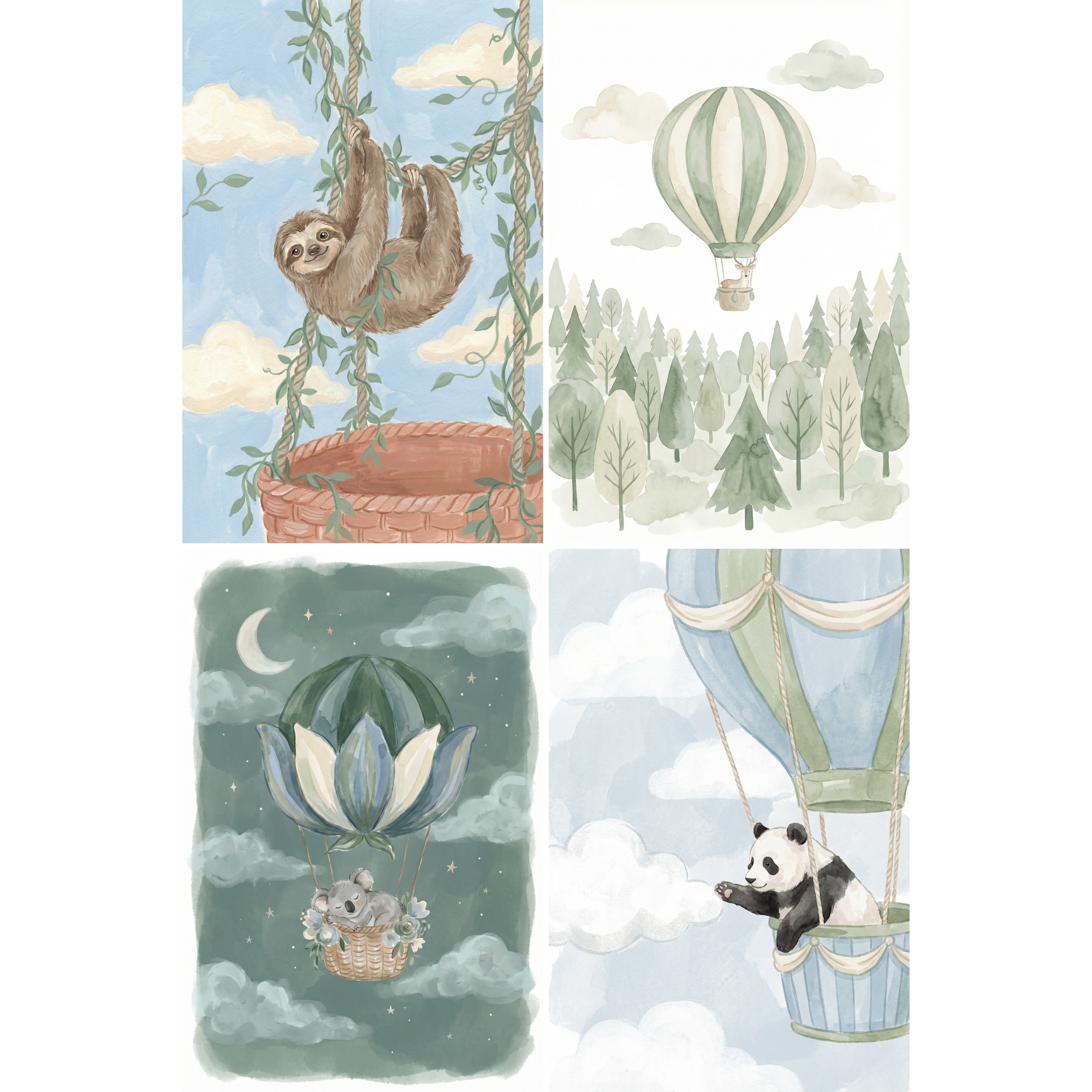 Sage Green Traveling Animals Wall Art Set of 4 - Whimsical Sky Friends